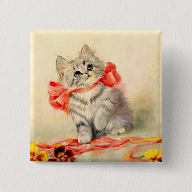 Badge Carré 5 Cm Kitten avec ruban rouge (Devant)