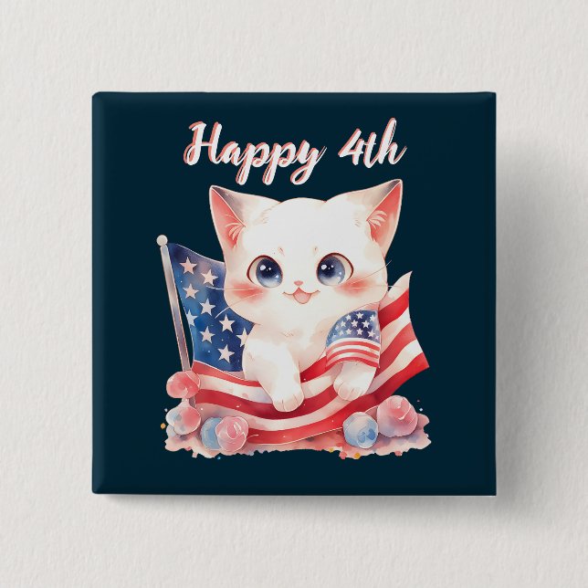Badge Carré 5 Cm Kitten patriotique 4 juillet Happy 4th Custom (Devant)
