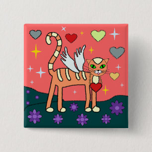 Badge Carré 5 Cm Kitty à ailes avec le bouton de coutume de coeur