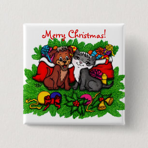 Badge Carré 5 Cm Kitty et chiot, Happy XMas