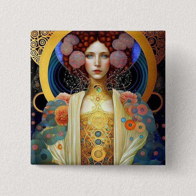 Badge Carré 5 Cm Klimt Inspiré Queen Goddess Imaginaire Art (Devant)