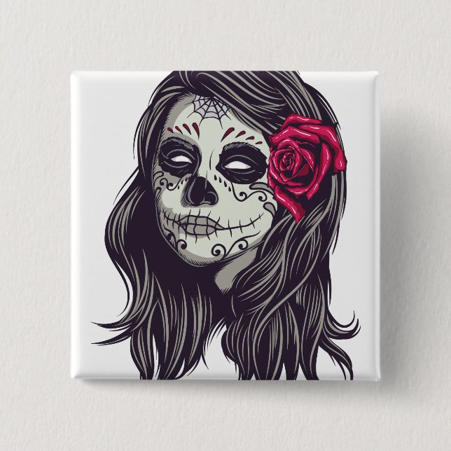 Badge Carré 5 Cm La Catrina - Dia De Los Muertos (Devant)