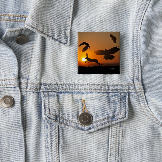Badge Carré 5 Cm La chasse aux buses de Harris (En situation)