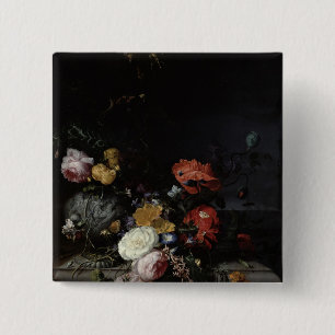 Badge Carré 5 Cm La vie toujours avec des fleurs et des insectes
