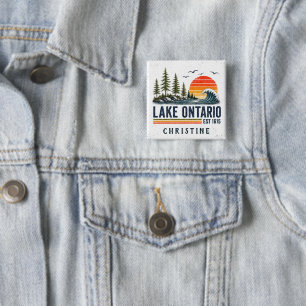 Badge Carré 5 Cm Lac Ontario Vintage Grands Lacs Vie Lacustre