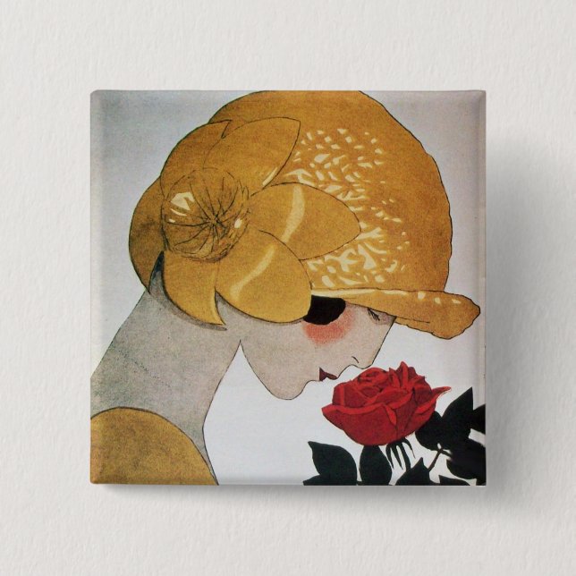BADGE CARRÉ 5 CM LADY WITH RED ROSE (Devant)