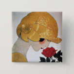 BADGE CARRÉ 5 CM LADY WITH RED ROSE<br><div class="desc">Vibrant , classy  French Art Deco  high fashion illustration. Portrait of a beautiful young woman wearing a golden hat with flower,  black  white , yellow  , grey colors .Cool , modern and artistic design.</div>