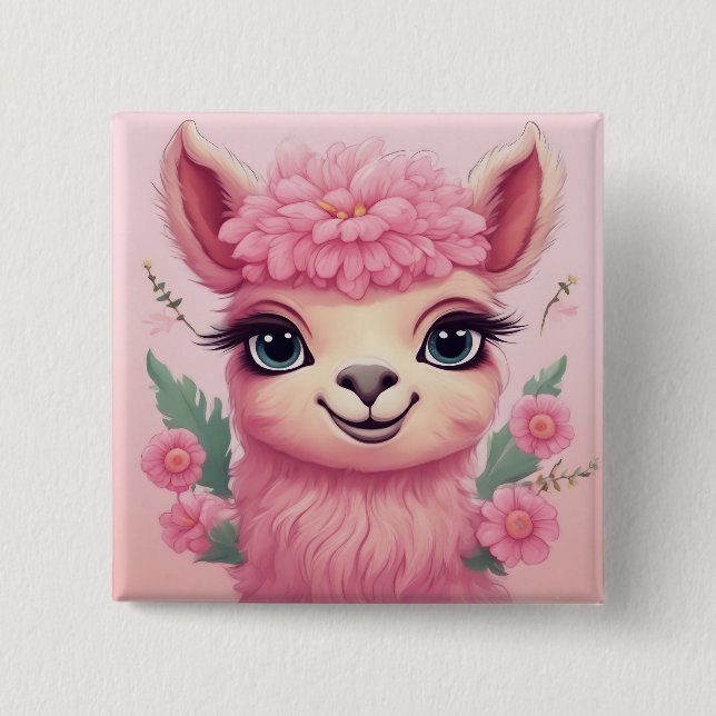 Badge Carré 5 Cm Lama bébé rose souriant (Devant)
