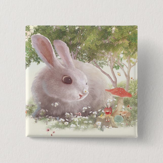 Badge Carré 5 Cm Lapin avec Fleurs (Devant)