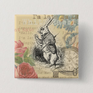 Badge Carré 5 Cm Lapin Blanc Aventures d'Alice au Pays des Merveill