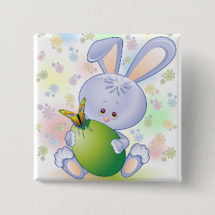 Badge Carré 5 Cm Lapin de Pâques avec œuf et fleurs