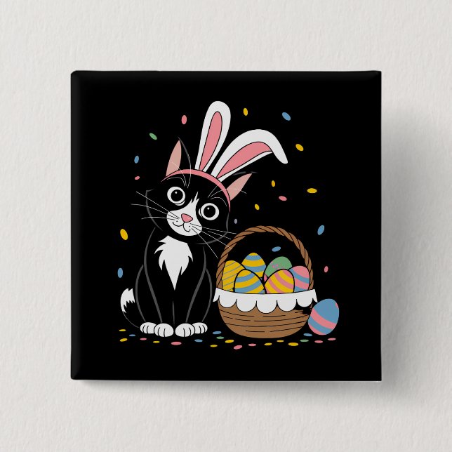 Badge Carré 5 Cm Lapin de Pâques Chat Noir Smoking Oreilles de Lapi (Devant)