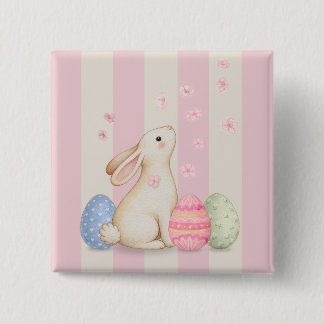 Badge Carré 5 Cm Lapin de Pâques et rayure pastel de printemps
