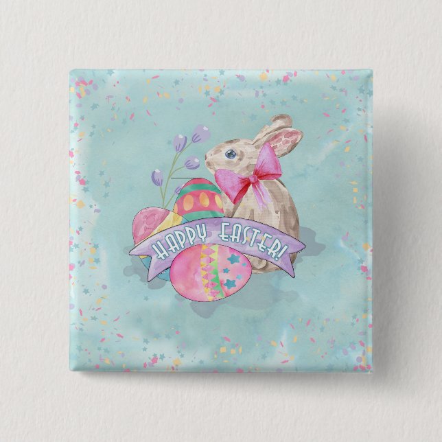 Badge Carré 5 Cm Lapin de Pâques, Oeufs et Confetti ID377 (Devant)