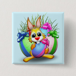 Badge Carré 5 Cm Lapin drôle mordant un œuf de Pâques