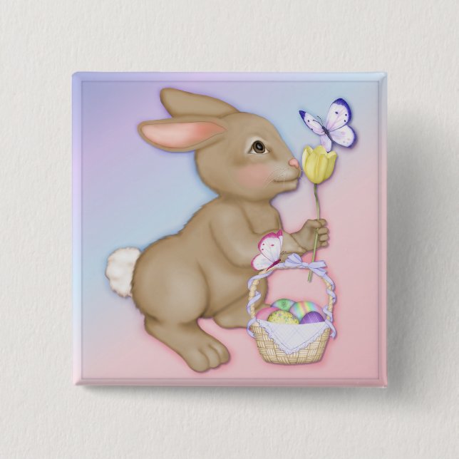 Badge Carré 5 Cm Lapin et panier de Pâques (Devant)