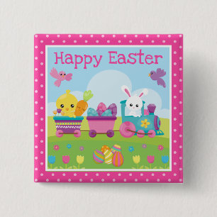 Badge Carré 5 Cm Lapin mignon, poussin et train d'oeufs en chocolat