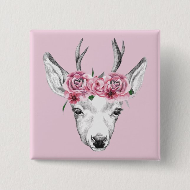 Badge Carré 5 Cm L'aquarelle fleurit des cerfs communs (Devant)