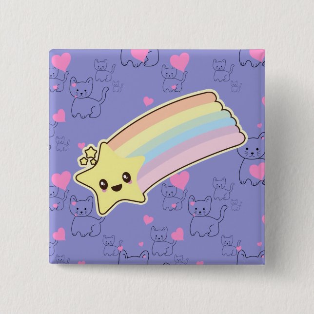 Badge Carré 5 Cm L'arc-en-ciel de Kawaii chatte le motif si mignon. (Devant)