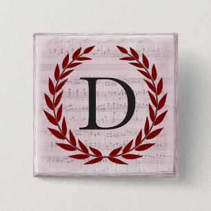 Badge Carré 5 Cm Laurel Wreath Sheet Musique Monogramme initial D