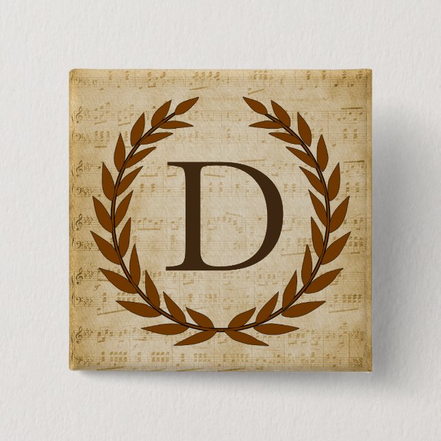 Badge Carré 5 Cm Laurel Wreath Sheet Musique Monogramme initial D (Devant)