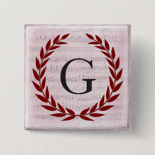 Badge Carré 5 Cm Laurel Wreath Sheet Musique Monogramme initial G