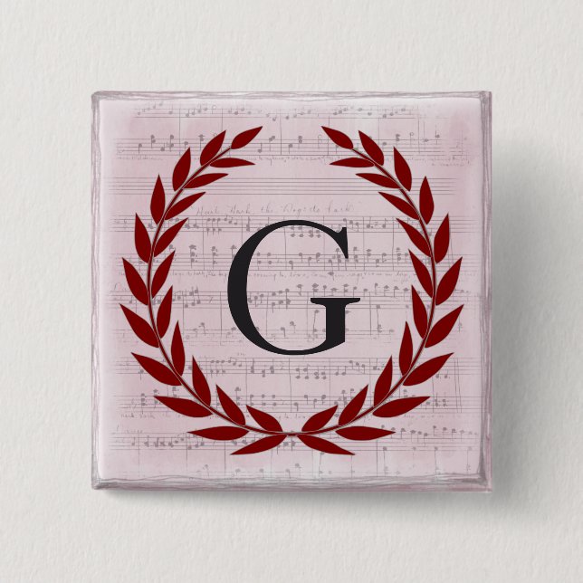 Badge Carré 5 Cm Laurel Wreath Sheet Musique Monogramme initial G (Devant)