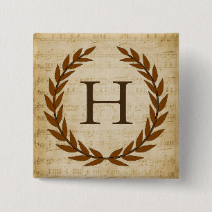 Badge Carré 5 Cm Laurel Wreath Sheet Musique Monogramme initial H