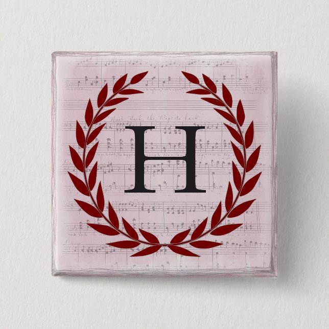 Badge Carré 5 Cm Laurel Wreath Sheet Musique Monogramme initial H (Devant)