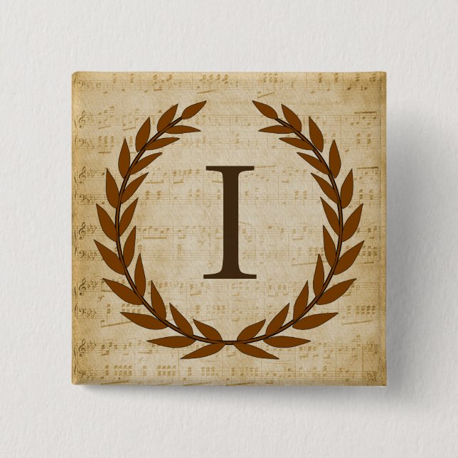 Badge Carré 5 Cm Laurel Wreath Sheet Musique Monogramme initial I (Devant)