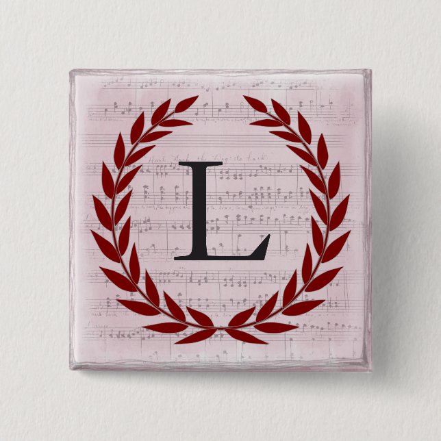 Badge Carré 5 Cm Laurel Wreath Sheet Musique Monogramme initial L (Devant)