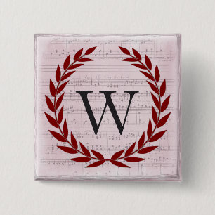 Badge Carré 5 Cm Laurel Wreath Sheet Musique Monogramme initial W