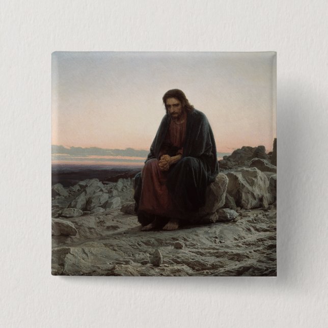 Badge Carré 5 Cm Le Christ dans le désert (par Ivan Kramskoi) (Devant)