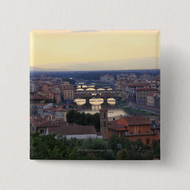 Badge Carré 5 Cm Le fleuve Arno et le Ponte Vecchio à Florence, (Devant)