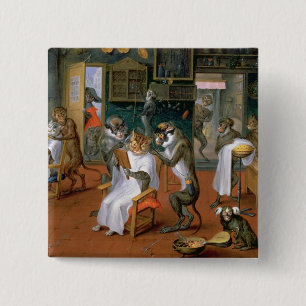 Badge Carré 5 Cm Le magasin de coiffeur avec des singes et des