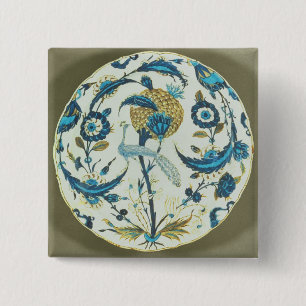 Badge Carré 5 Cm Le plat d'Iznik peint avec un paon était perché