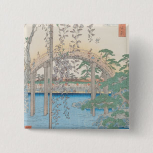 Badge Carré 5 Cm Le pont avec des glycines ou Kameido Tenjin