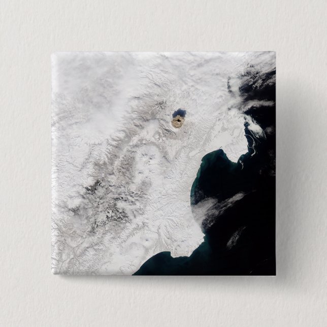 Badge Carré 5 Cm Le volcan Shiveluch dans le kraï de Kamchatka, Rus (Devant)