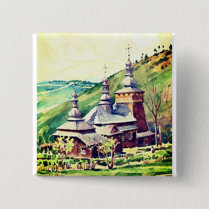 Badge Carré 5 Cm L'église ukrainienne en bois Art architectural Vin
