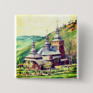 Badge Carré 5 Cm L'église ukrainienne en bois Art architectural Vin