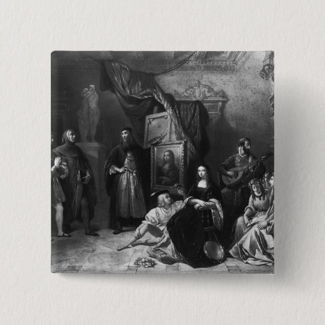 Badge Carré 5 Cm Leonardo da Vinci peignant le Gioconda (Devant)