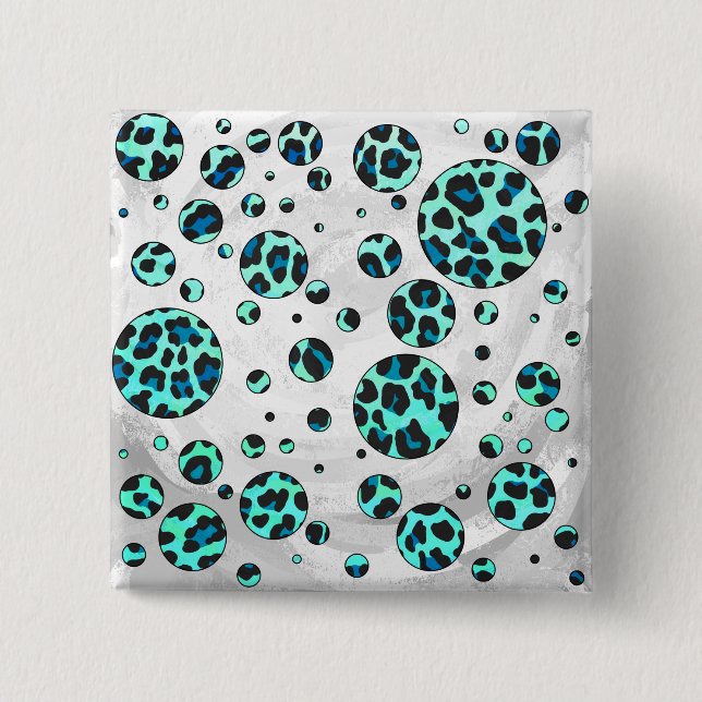 Badge Carré 5 Cm Léopard noir et Turquoise (Devant)