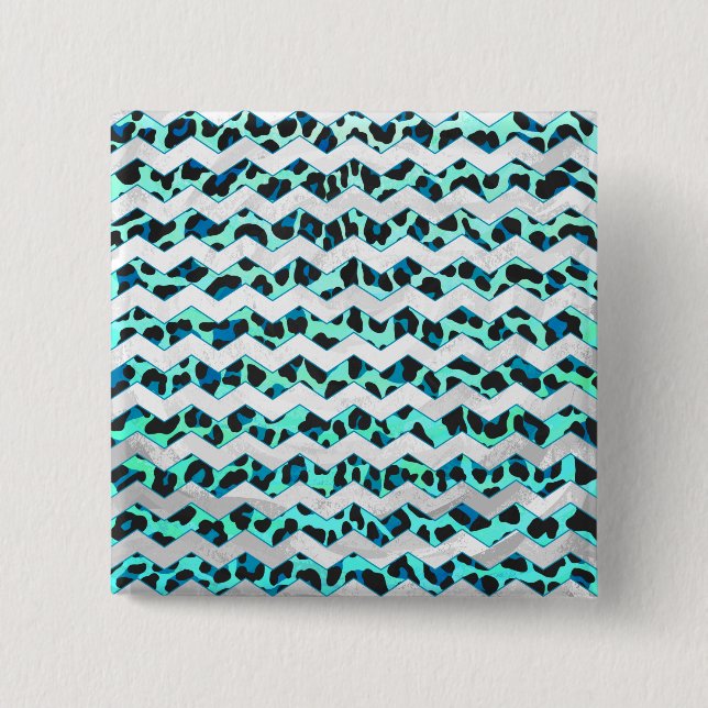 Badge Carré 5 Cm Léopard noir et Turquoise (Devant)