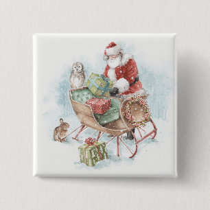 Badge Carré 5 Cm Les animaux des bois avec le Père Noël et son m