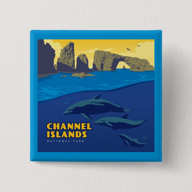 Badge Carré 5 Cm Les dauphins du parc national des îles Channel (Devant)