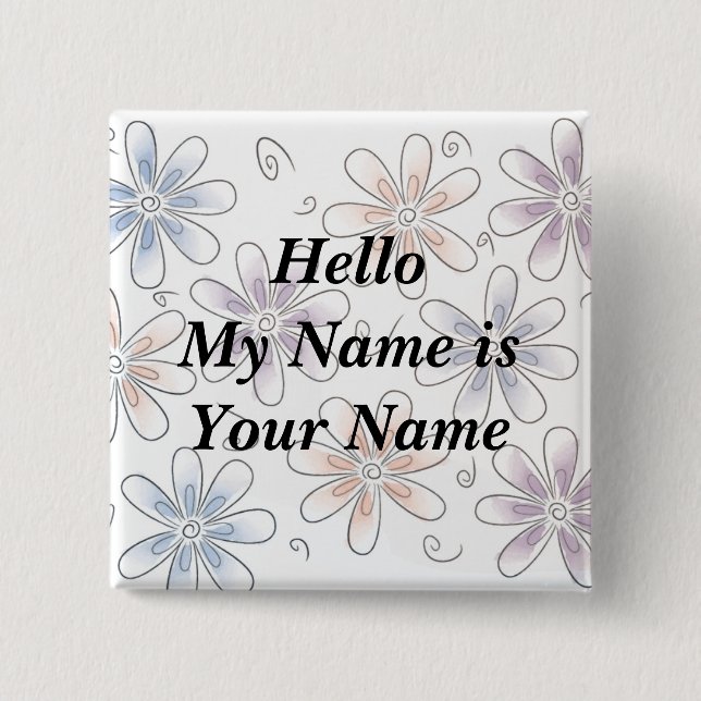 Badge Carré 5 Cm les fleurs stylisées, bonjour mon nom est votre (Devant)