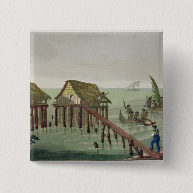 Badge Carré 5 Cm Les habitations de la tribu de Papu, Rawak, (Devant)