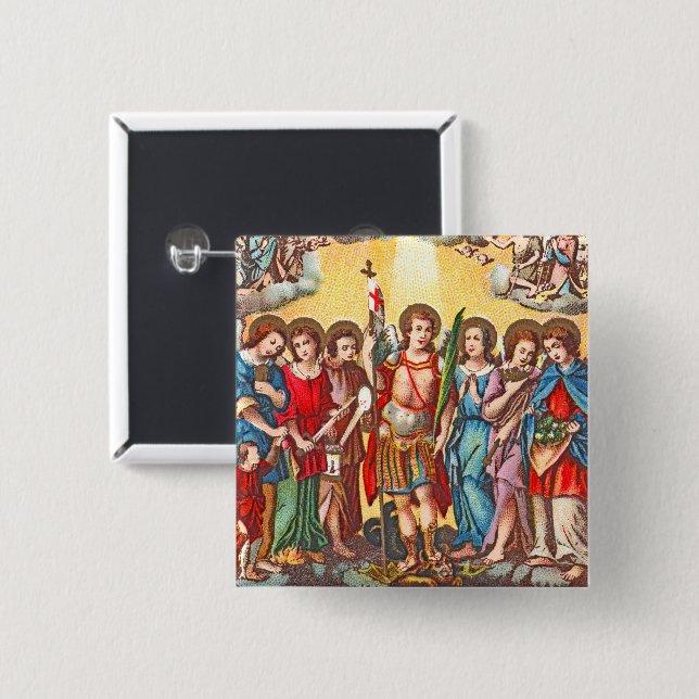 Badge Carré 5 Cm Les Sept Archanges (CP 001; Chromolithographe) (Devant & derrière)