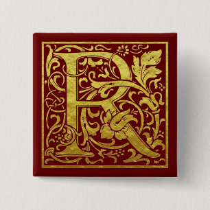 Badge Carré 5 Cm Letter R First Letter Faux Gold Red