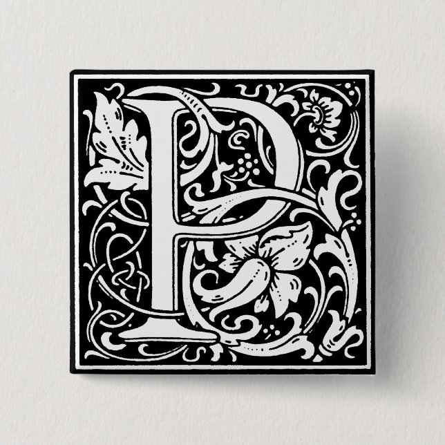 Badge Carré 5 Cm Lettre alphabet de style Renaissance P - Épingle (Devant)